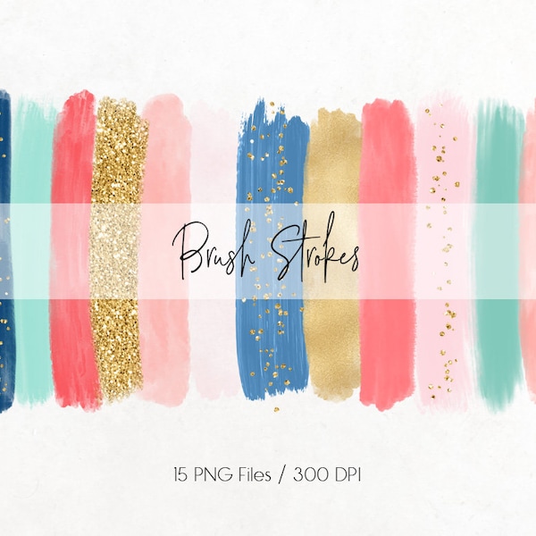 Brush strokes clipart, paint brush, acrylic paint, glitter confetti, paint strokes, navy blue, coral, mint, download