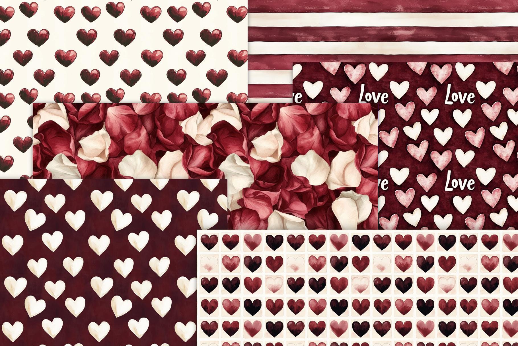 Watercolor Valentine Digital Papers | Burgundy & Rose Seamless Patterns ...