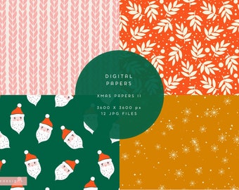 Christmas digital paper, green, red & pink, xmas seamless patterns, santa, christmas tree, snowflake, cozy holiday, scandinavian, download