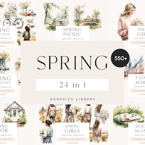 Lot de printemps, bibliothèque de cliparts, illustrations à l'aquarelle, saison, aquarelle fille, fleurs de printemps, paysages, prairie, parc printanier, téléchargement
