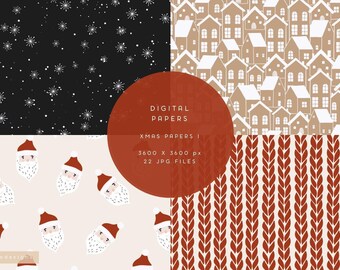 May include: A collection of four digital paper patterns featuring white snowflakes on black, a tan village of houses with white roofs, Santa Claus faces on a light background, and a red cable knit texture. Text reads: DIGITAL PAPERS XMAS PAPERS I 3600 X 3600 px 22 JPG FILES.