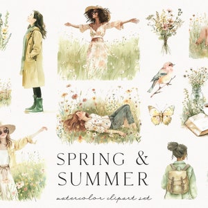 May include: Watercolor clipart set featuring illustrations of people, flowers, birds, butterflies, books, and a backpack. The illustrations are in a spring and summer theme with a light and airy feel.