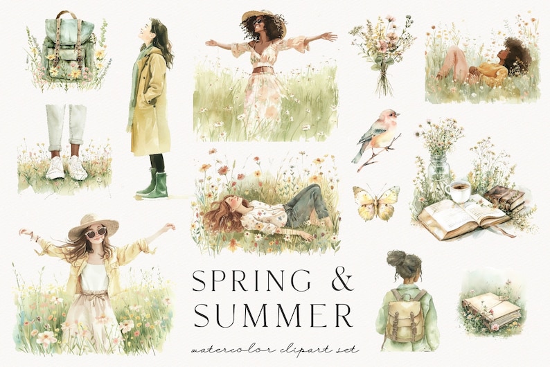 May include: Watercolor clipart set featuring illustrations of people, flowers, birds, butterflies, books, and a backpack. The illustrations are in a spring and summer theme with a light and airy feel.