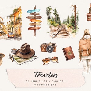 Travelers Sammlung, Reise Illustrationen, Mädchen clip art, Reise Grafik, Wald Illustration, in die Wildnis, Zug, Aquarell, download