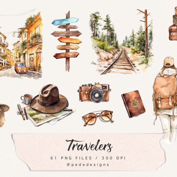 Travelers collection, travel illustrations, girl clip art, travel graphics, forest illustration, into the wild, train, watercolor, download