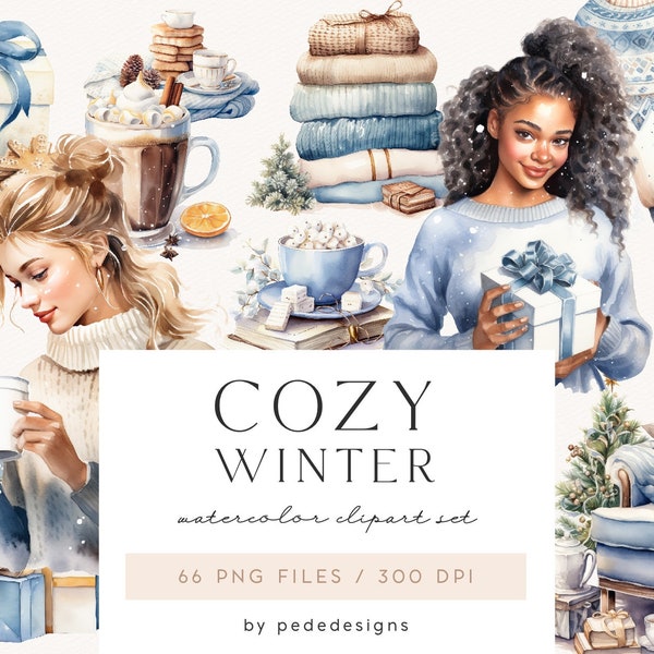Cozy Winter Clipart, watercolor cozy winter, christmas clipart, pretty girl clipart, hot cocoa, cake, gift boxes, xmas time, download