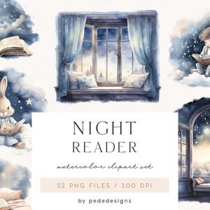 Könnte beinhalten: Ein digitales Aquarell-ClipArt-Set mit dem Titel NIGHT READER, das Illustrationen einer Mondsichel mit offenem Buch, ein Fenster mit blauen Vorhängen, ein lesendes Kind auf Wolken, einen lesenden Hasen und ein Bett zeigt.