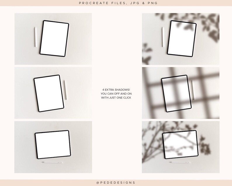 Procreate用のiPadモックアップ8個、使いやすいProcreateファイル、追加の影jpg、png、写真モックアップ、デジタルアートの展示、ダウンロード 画像 2
