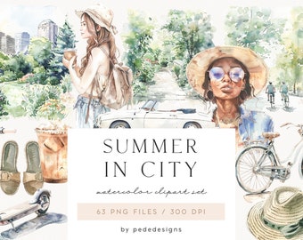 Summer in City, watercolor summer clipart, travel graphics, girl png, summer elements, balcony clipart, city park, ice cream truck, download