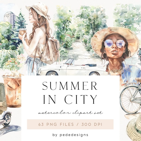 Summer in City, watercolor summer clipart, travel graphics, girl png, summer elements, balcony clipart, city park, ice cream truck, download