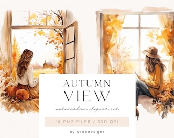 Watercolor Autumn Clipart: Cozy Window View, Rustic PNG (Digital Download)