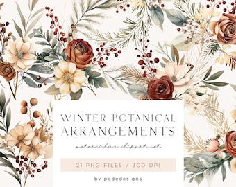 May include: A set of 21 watercolor clipart illustrations featuring winter botanical arrangements. The illustrations include various flowers, leaves, and berries in shades of red, brown, and cream. The text "WINTER BOTANICAL ARRANGEMENTS watercolor clipart set 21 PNG FILES / 300 DPI by pededesigns" is included in the image.