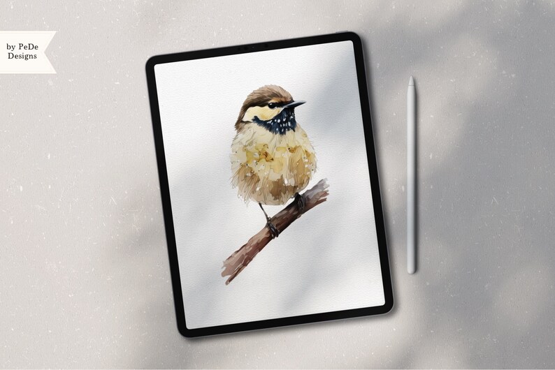 May include: A watercolor painting of a small brown and yellow bird with black markings perched on a branch. The bird is facing to the right and has a small, pointed beak.