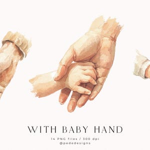 Avec la main de bébé, clipart aquarelle, clipart fête des mères, images png beiges, autocollants famille, père et enfant, mère et enfants, téléchargement
