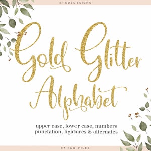 Gold glitter alphabet clipart, sparkly gold digital alphabet, alternative letters clipart, gold numbers, download