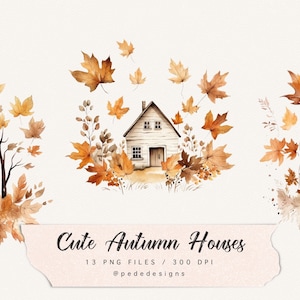 Lindas casas de otoño, imágenes prediseñadas de otoño de acuarela, gráficos png de hojas de otoño, casas de acuarela, archivo png de otoño, imágenes prediseñadas de fantasía, descargar