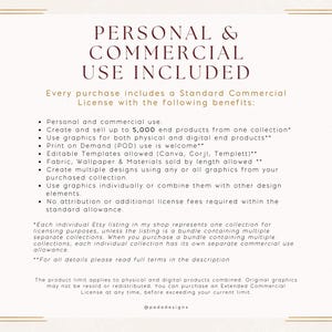 a collection of various images, including a standard commercial license, a personal and commercial use license, and a description of the product. The product limit applies to physical and digital products combined, and original graphics may not be resale or redistributed. You can purchase an Extended Commercial License at any time, advised by your current license text.