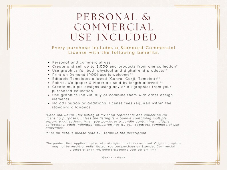a collection of various images, including a standard commercial license, a personal and commercial use license, and a description of the product. The product limit applies to physical and digital products combined, and original graphics may not be resale or redistributed. You can purchase an Extended Commercial License at any time, advised by your current license text.