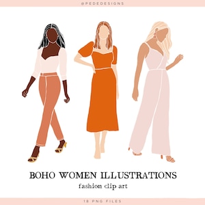 Ilustraciones de mujeres boho, clipart boho, clip art de moda, sin rostro, mujer abstracta, ilustración femenina, descargar