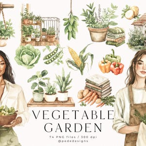 Horta, gráficos de jardinagem em aquarela, clipart de menina, vegetais png, adesivos de primavera, jardim de verão em aquarela, campo, baixar