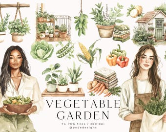 Vegetable Garden Watercolor Clipart – Cottage Vegetables, Herbs, Garden Tools, Spring & Summer, Gardening Girls 74 PNG Set