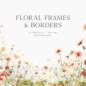 Molduras e bordas florais, flores silvestres png, clipart de prado romântico, clipart floral pré-fabricado, fundo floral, prado de verão, baixar