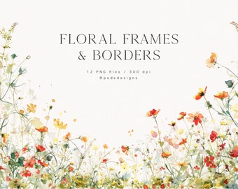 Floral Frames & Borders, wild flowers png, romantic meadow clipart, premade floral clipart, floral background, summer meadow, download