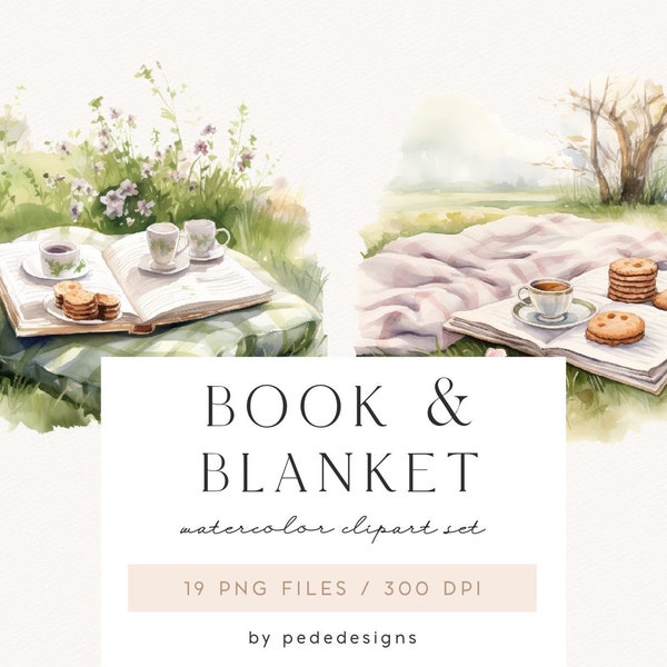 Book & Blanket, watercolor clipart, spring clipart, book lover, cozy png, books clipart, watercolor summer park, cozy graphics, download