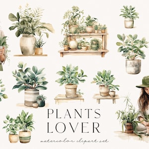 以下が含まれることがあります： 鉢植えの植物の水彩クリップアートセット。植物の入った鉢を持っている女性と、植物の手入れをしている女性が描かれています。セットには、シダ、多肉植物、緑の葉物など、さまざまな植物が含まれています。画像には「PLANTS LOVER watercolor clipart set」というテキストが含まれています。