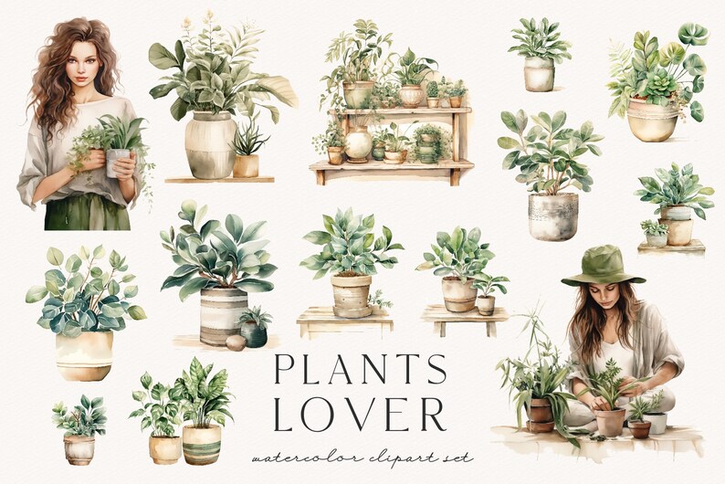 以下が含まれることがあります： 鉢植えの植物の水彩クリップアートセット。植物の入った鉢を持っている女性と、植物の手入れをしている女性が描かれています。セットには、シダ、多肉植物、緑の葉物など、さまざまな植物が含まれています。画像には「PLANTS LOVER watercolor clipart set」というテキストが含まれています。