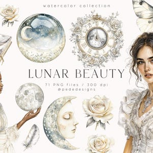 Beleza Lunar, conjunto de clipart em aquarela, clipart de lua crescente, lua e estrelas, celestial, clipart de rosas, clipart de fantasia, diário de lixo, download