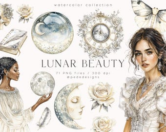 Lunar Beauty, watercolor clipart set, crescent moon clipart, moon & stars, celestial, roses clipart, fantasy clipart, junk journal, download