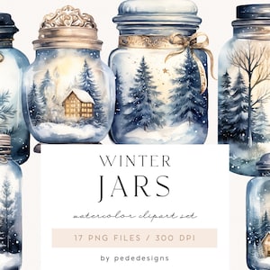 Winter Jars Clipart, invierno mágico acuarela, clipart navideño, clipart de ensueño, nochebuena, paisaje invernal, época navideña, descargar