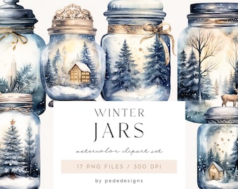 Winter Jars Clipart, watercolor magical winter, christmas clipart, dreamy clipart, christmas eve, winter scenery, christmas time, download