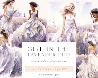 Girl In The Lavender Field, watercolor clipart, spring, wedding clipart, watercolor girl, white dress, bride png, invite, download