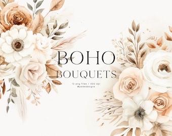 Boho Bouquets, beige & white, watercolor flowers, floral clipart, wedding bouquet clipart, premade floral arrangements, frame png, download