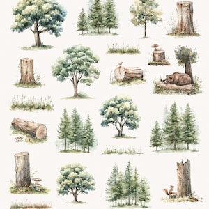 K&ouml;nnte beinhalten: Aquarell-Illustrationen von Waldelementen, darunter B&auml;ume, Baumst&uuml;mpfe, Baumst&auml;mme und Bl&auml;tter. Die Illustrationen sind in Gr&uuml;nt&ouml;nen, Braun- und Wei&szlig;t&ouml;nen gehalten. Der Text "FOREST STORY" ist oben im Bild in Schwarz geschrieben.