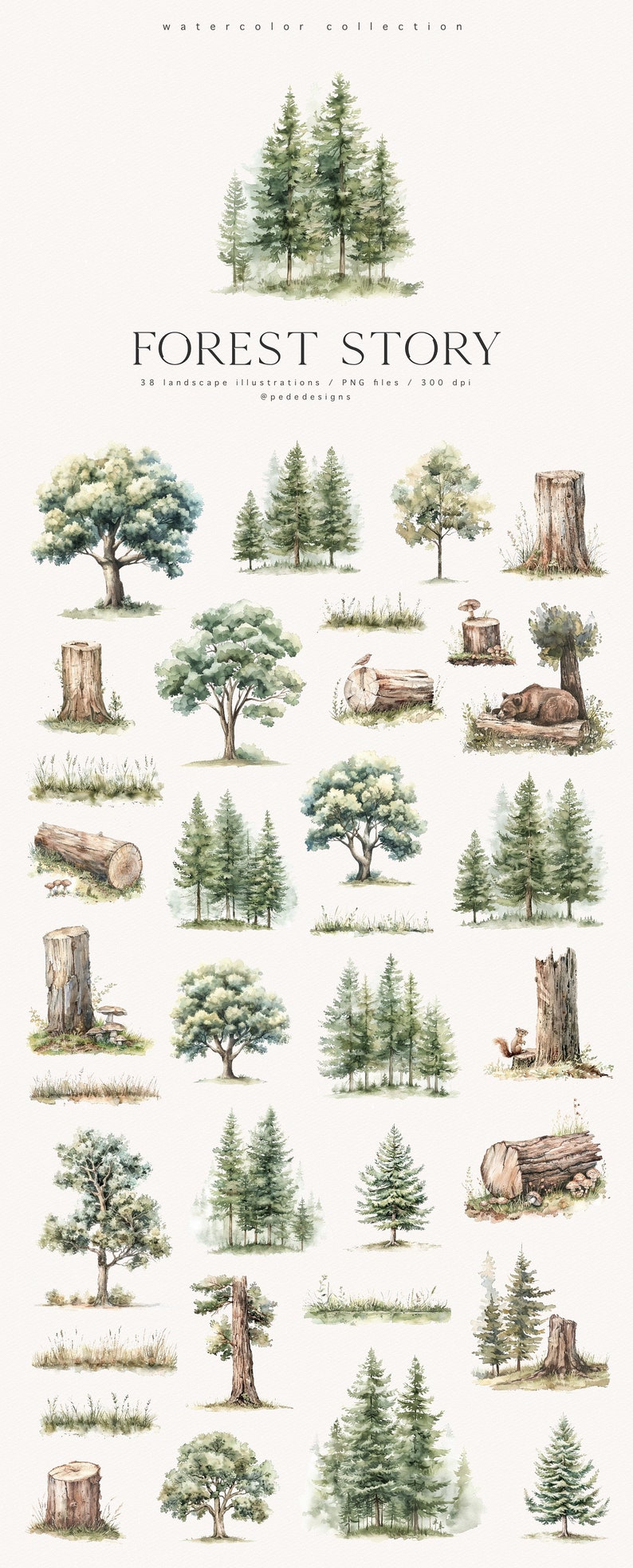 K&ouml;nnte beinhalten: Aquarell-Illustrationen von Waldelementen, darunter B&auml;ume, Baumst&uuml;mpfe, Baumst&auml;mme und Bl&auml;tter. Die Illustrationen sind in Gr&uuml;nt&ouml;nen, Braun- und Wei&szlig;t&ouml;nen gehalten. Der Text "FOREST STORY" ist oben im Bild in Schwarz geschrieben.