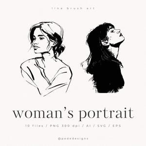 Arte de pincel de línea, retrato de mujer, clipart de niña, clip art de moda, línea fina, mujer abstracta, pintura de tinta, arte minimalista, SVG, descarga