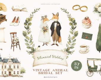 May include: Watercolor illustration of a vintage animal bridal set. Features a fox couple, wedding rings, cake, and a green carriage. Includes text: "Whimsical Wedding" and "Vintage Animal Bridal Set". The image is 57 inches in height.