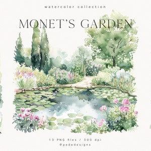 Jardin de Monet, clipart jardin aquarelle, graphiques d'été, clipart de paysages de mariage, png de verdure, autocollants numériques, invitation, téléchargement