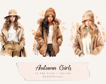 Autumn Girls, watercolor fashion clipart, fall png graphics, fashion girl clipart, trendy outfit, autumn clipart, fashion png, download