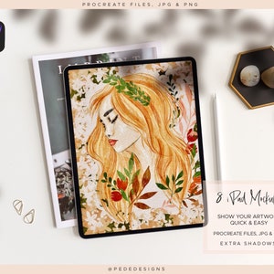 May include: A digital illustration of a woman with long blonde hair and a floral crown, surrounded by leaves and flowers. The illustration is displayed on a tablet screen, which is resting on a magazine. The text "8 iPad Mockups" is displayed in a white box with a black border.