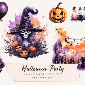 Halloween Party Clip Art, watercolor halloween clipart, spooky clip art, halloween elements, trick or treat, candy, pumpkin, download
