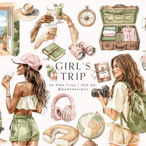 Girl&#39;s Trip, watercolor summer graphics, travel clipart, summer camping, travel stickers, road trip, planner girl, traveling png, download