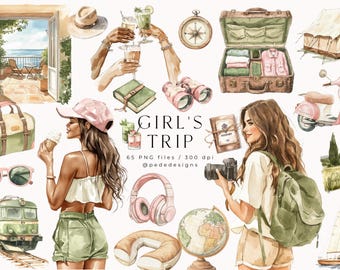 Girl's Trip, watercolor summer graphics, travel clipart, summer camping, travel stickers, road trip, planner girl, traveling png, download