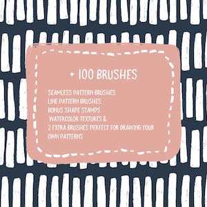 Może przedstawiać: Cyfrowa ilustracja bezszwowego wzoru z białymi pociągnięciami pędzla na ciemnoniebieskim tle. Tekst "@PEDE DESIGNS + 100 BRUSHES" znajduje się w r&oacute;żowym polu z białą przerywaną ramką. Tekst pod tytułem brzmi: "SEAMLESS PATTERN BRUSHES LINE PATTERN BRUSHES BONUS SHAPE STAMPS WATERCOLOR TEXTURES & 2 EXTRA BRUSHES PERFECT FOR DRAWING YOUR OWN PATTERNS".