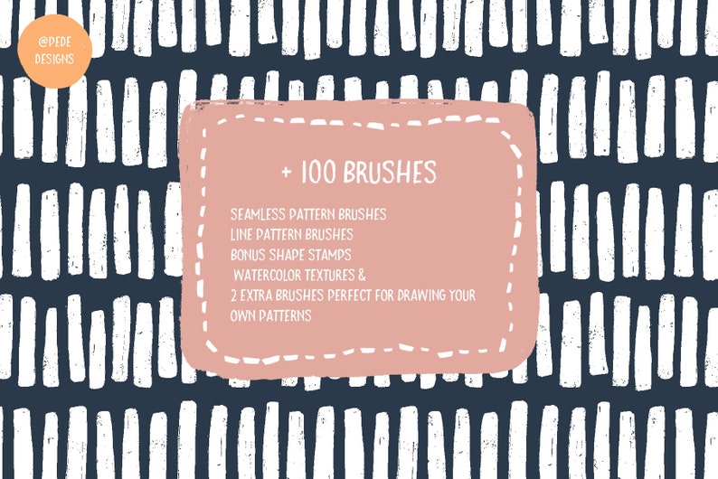Może przedstawiać: Cyfrowa ilustracja bezszwowego wzoru z białymi pociągnięciami pędzla na ciemnoniebieskim tle. Tekst "@PEDE DESIGNS + 100 BRUSHES" znajduje się w r&oacute;żowym polu z białą przerywaną ramką. Tekst pod tytułem brzmi: "SEAMLESS PATTERN BRUSHES LINE PATTERN BRUSHES BONUS SHAPE STAMPS WATERCOLOR TEXTURES & 2 EXTRA BRUSHES PERFECT FOR DRAWING YOUR OWN PATTERNS".