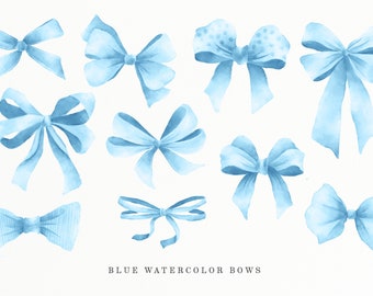 Blue watercolor bows clip art, ribbon cliparts, hand painted bow, fashion clipart, birthday party, gift bow, download