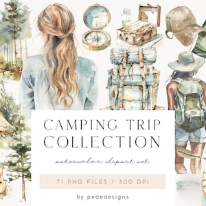 Coleção de viagens de acampamento, clipart de aquarela, png de pesca, gráficos png de viagem, na natureza, mochila, local de acampamento, trilha de caminhada, download